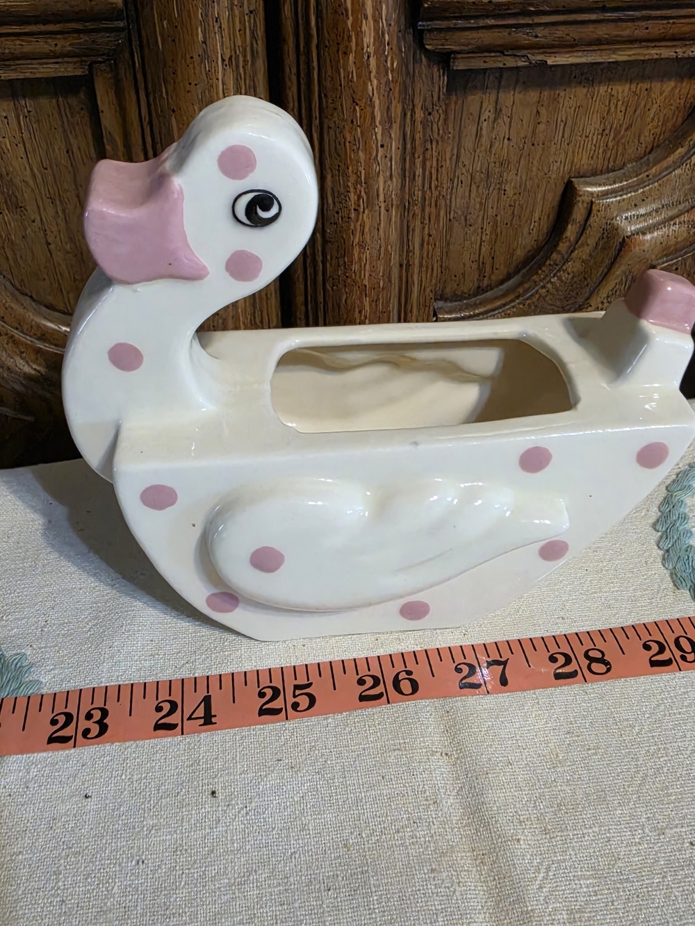 vintage ceramic planter pink and white polka dot ceramic duck